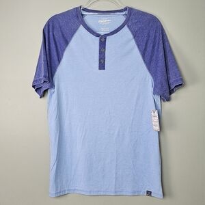 Flag & Anthem T-Shirt Men's 2 Tone Blue Henley Short Sleeve Lightweight, SMALL